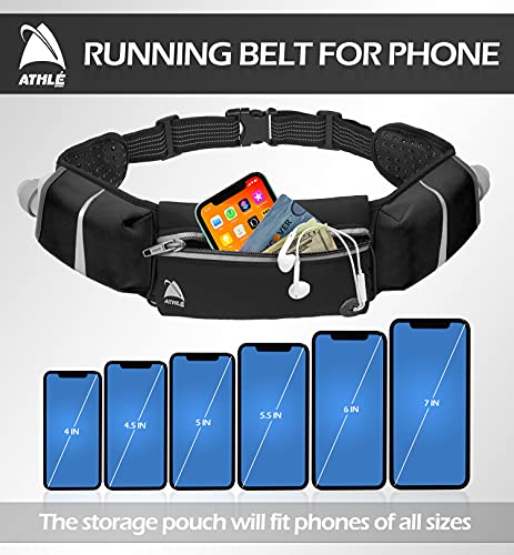 Athle Running Belt - 2 10oz Water Bottles, Large Fanny Pack Pocket Fits All Phones and Wallet, Bib Holders, Adjustable One Size Fits All Waist Band, Key Clip, 360° Reflective - Black Speed Sash