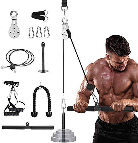 Pulley Cable Machine System, 1.8M Gym Fitness Cable Pulley system with Loading Pin, Tricep Strap, Straight Bar Forearm Wrist Roller Trainer for LAT Pulldowns, Bicep Curls, Fitness Workout Equipment