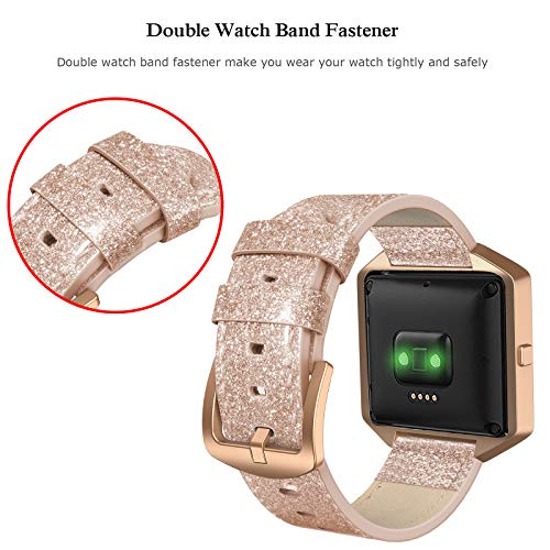 Cynmir Leather Strap Compatible with Fitbit Blaze Smart Watch, Genuine Leather Replacement Band with Metal Frame Small & Large for Women Men, Champagne Gold, Rose Gold, Grey, Beige, Rose Pink
