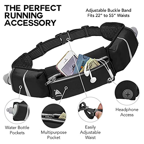 Athle Running Belt - 2 10oz Water Bottles, Large Fanny Pack Pocket Fits All Phones and Wallet, Bib Holders, Adjustable One Size Fits All Waist Band, Key Clip, 360° Reflective - Black Speed Sash
