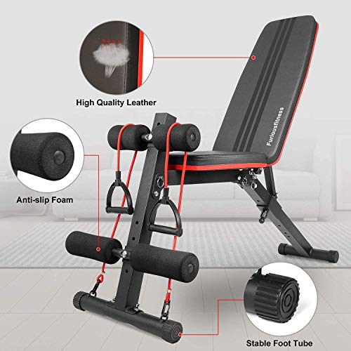 Furiousfitness Adjustable Weight Bench-7 Backrest Positions, Foldable Full Body Fitness Workout Bench with Resistance Band, Weight Lifting & Sit Up Incline Decline Training Exercise Bench for Home Gym
