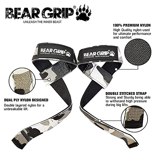 BEAR GRIP - Premium Dual Ply Lifting Straps, Elite Edition (Camo)
