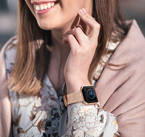 Cynmir Leather Strap Compatible with Fitbit Blaze Smart Watch, Genuine Leather Replacement Band with Metal Frame Small & Large for Women Men, Champagne Gold, Rose Gold, Grey, Beige, Rose Pink