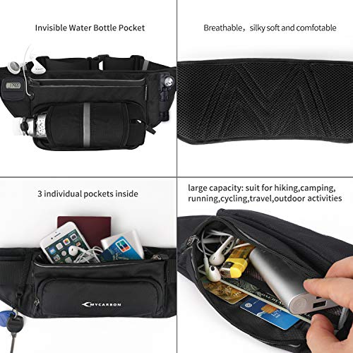 MYCARBON Running Belt with Water Bottle Holder Waterproof Bum Bag Cycling Waist Bag Jogging Belt Dog Walking Bag for Travel Holidays Camping Climbing Hiking Outdoor (Black)