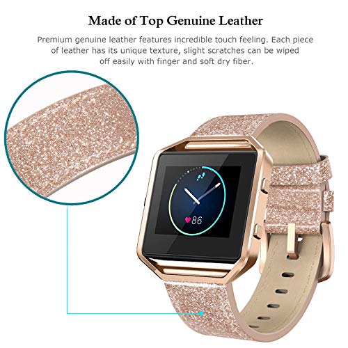 Cynmir Leather Strap Compatible with Fitbit Blaze Smart Watch, Genuine Leather Replacement Band with Metal Frame Small & Large for Women Men, Champagne Gold, Rose Gold, Grey, Beige, Rose Pink