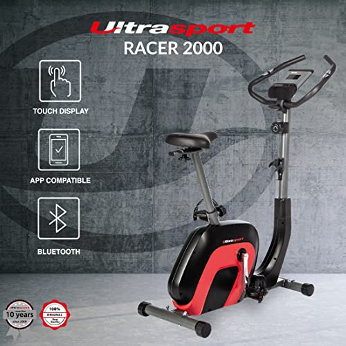 Ultrasport Racer 2000 Exercise Bike Ergometer for health and fitness with Bluetooth-compatible touch display, 8 adjustable resistance levels, adjustable saddle and handlebars, black red