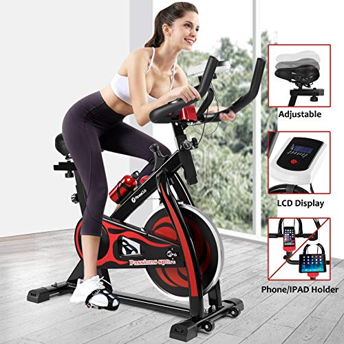 Fitnessclub Indoor Exercise Bike Cardio Workout W/Belt Driven Flywheel Cycling Adjustable Handlebars Seat Resistance Digital Monitor Heart Rate Sensors W/Phone Holder Bottle Red