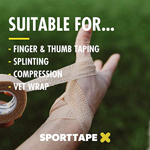 6 Rolls SPORTTAPE Cohesive Compression Bandage - 2.5cm x 4.5m - Beige - Self-Adhesive, Vet Tape, Thumb Tape, Coban Cohesive Wrap, Goalkeeper Finger Tape