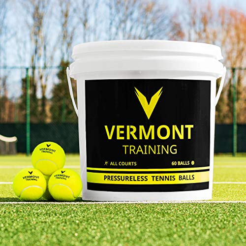 Vermont Training Tennis Balls - 60x Ball Bucket - Pressureless Tennis Balls - High-Vis Fluro Felt Ball | All Court Surfaces | Perfect For Tennis Coaches, Schools & Clubs
