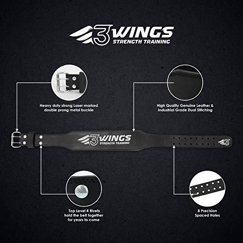 3WINGS Adjustable Weight Lifting Belt - 4 Inch Genuine Leather Padded Gym Belt - Great for Bodybuilding, Functional Training, Powerlifting, Deadlifts Workout, Squats Exercise, Premium Quality Belt (M)