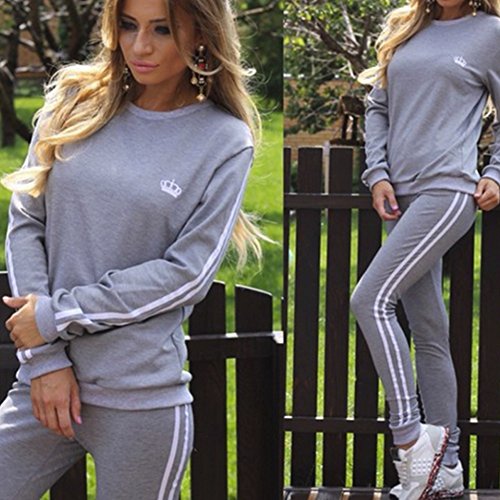 Women Tracksuit Set Long Sleeve Stripe Sweatshirt Hoodies+Pants Sports Suits 2PCS Full Tracksuit 3 Colours (Tag M(UK 8-10), Gray)