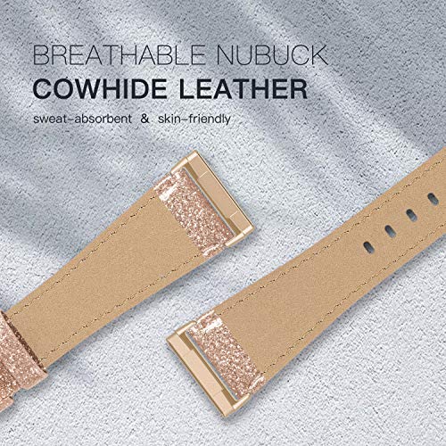 EDIMENS Leather Straps Compatible for Fitbit Versa 3 / Fitbit Sense Strap for Women Men, Genuine Leather Strap Compatible with Fitbit Versa 3 / Sense Replacement Wrist Bands, Glitter Rose Gold