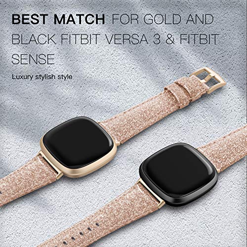 EDIMENS Leather Straps Compatible for Fitbit Versa 3 / Fitbit Sense Strap for Women Men, Genuine Leather Strap Compatible with Fitbit Versa 3 / Sense Replacement Wrist Bands, Glitter Rose Gold