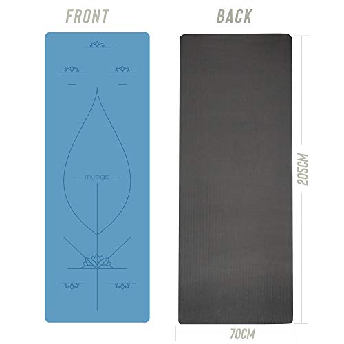 Myga RY1182 Large Alignment Yoga Mat with Body Alignment Lines, Eco-friendly Non Slip Yoga Mat, High Density TPE Padding, 205 x 70cm, 6mm Thickness, Blue