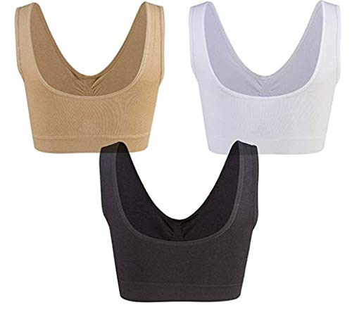 Boobbandit 3-Pack Seamless Sports Bra Wirefree Yoga Bra with Removable Pads for Women (Black, White, Nude, 14-16)
