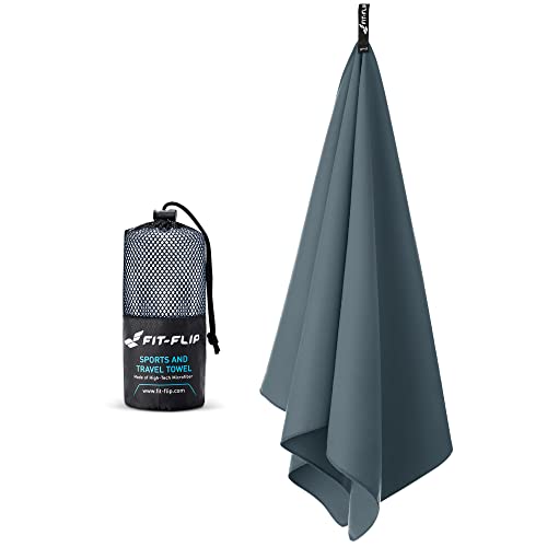 Fit-Flip Microfibre towel - compact, ultra lightweight & fast-drying microfibre towels - gym towels, travel towels and beach towels microfibre (2x 30x50cm anthracite grey + 1 bag)