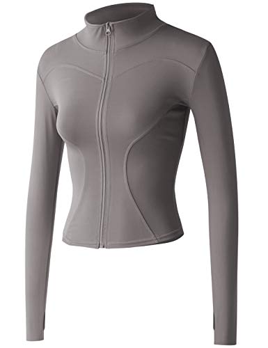 Locachy Women's Lightweight Stretchy Workout Full Zip Running Track Jacket with Thumb Holes - grey - Medium