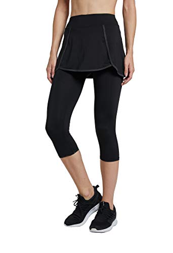 Westkun Women's Leggings with Skirt Sports Running Golf Tennis Capris Trousers Workout 3/4 Skirted Yoga Pants with Ball Pockets 2 in 1(Black,L)