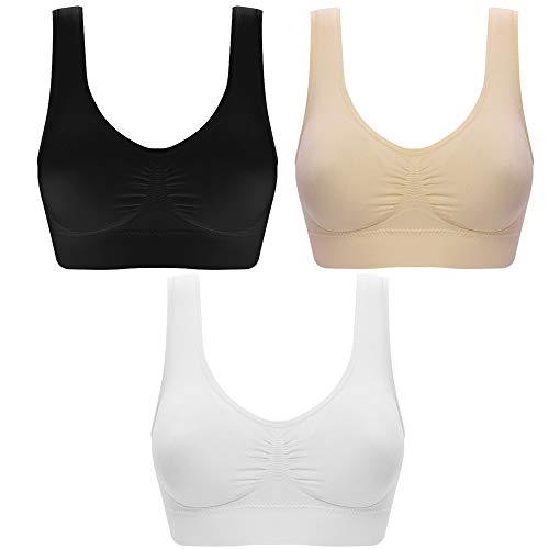 3 Pack of Simply Ultra Comfort Seamless Sport Style Bra with Removable Pads (6XL, White/Black/Nude)