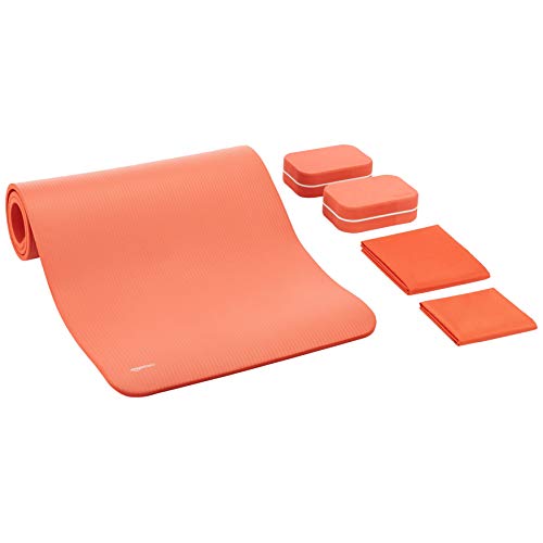 Amazon Basics 1.3 cm Thick Yoga Mat 6 Piece Set, Coral Red