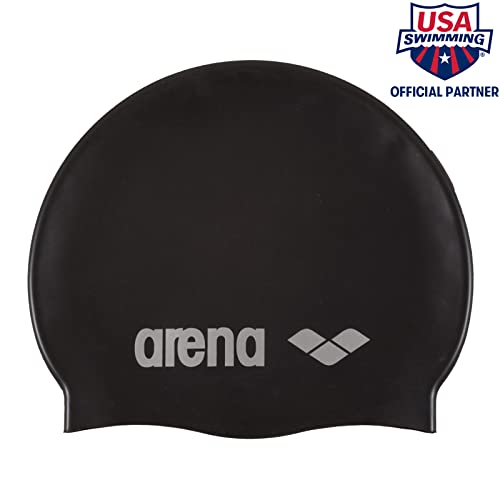 arena unisex swim cap classic silicone (reinforced edge, less slipping of the cap, soft), black-silver (55), one size
