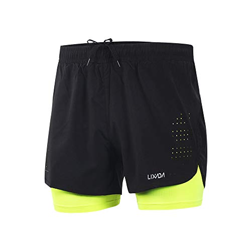 Lixada Mens 2-in-1 Running Shorts Quick Drying Breathable Active Training Exercise Jogging Cycling Shorts with Longer Liner (Green, XL)