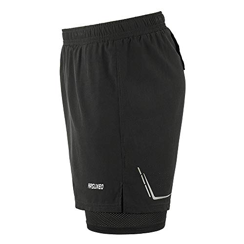 Lixada 2-in-1 Men's Running Shorts Quick Drying Breathable Active Training Exercise Jogging Work-Out Shorts with Back Pocket Longer Liner & Reflective Elements (Black, M)