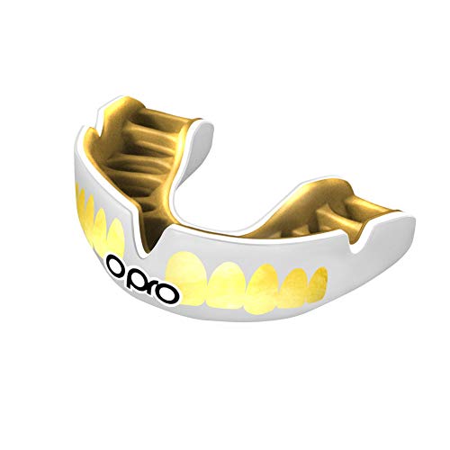 Opro Power-Fit Mouthguard | Gum Shields For GAA, Rugby, Hockey, BJJ, Boxing, and Other Combat Sports - 18 Month Extended Dental Warranty (Adult, White/Gold Teeth)