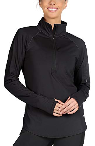 icyzone Women's Long Sleeve Running Yoga Top 1/2 Zip Sport Fitness Shirt with Thumb Holes (Black, S)
