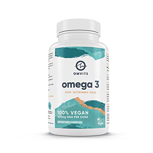 Omvits Vegan Omega 3 DHA Supplement from Algae Oil - 60 Capsules with Vitamin E - Sustainable Algal Alternative to Fish Oil - Vegetarian Essential Fatty Acids - Supports Heart, Brain & Eye Health