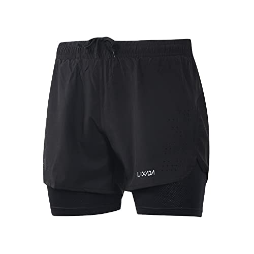 Lixada Mens 2-in-1 Running Shorts Quick Drying Breathable Active Training Exercise Jogging Cycling Shorts with Longer Liner (Black, M)