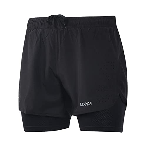 Lixada Mens 2-in-1 Running Shorts Quick Drying Breathable Active Training Exercise Jogging Cycling Shorts with Longer Liner (Black, M)