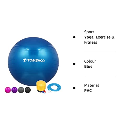 TOMSHOO Exercise Ball, Anti-Burst Gym Ball Yoga Ball With Air Pump Thickened Fitness Ball for Fitness, Pilates, Stability Balance for Physical Fitness, 45cm 55cm 65cm 75cm