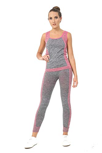 Bahob® Women’s Sportswear Set Ladies Gym Wear Track Suit Vest Top and Leggings Stretch Yoga Workout Fitness Set (Grey Pink / 1 Pack, S/M)
