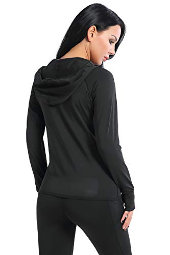 AMZSPORT Women's Running Jacket Long Sleeve Sports Hoodie with Zip Side Pocket Black L
