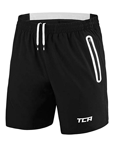 TCA Men's Elite Tech Lightweight Running or Gym Training Shorts with Zip Pockets Black/White, XL