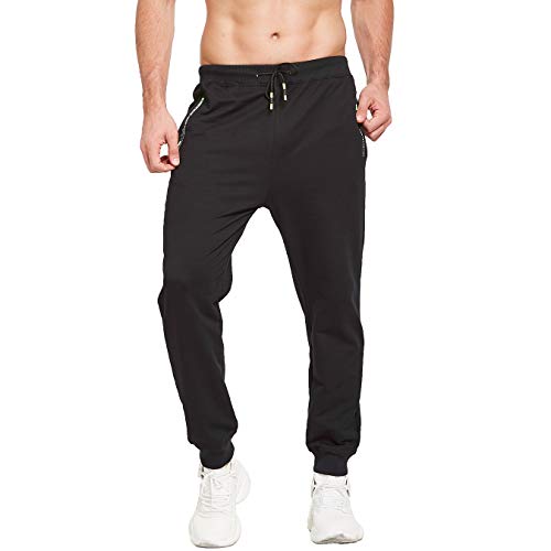 ZOXOZ Joggers Men Cuffed Cotton Tracksuit Bottoms Elasticated Hem Jogging with Zipped Pockets Trousers Sweatpants Gym Pants(Black L)