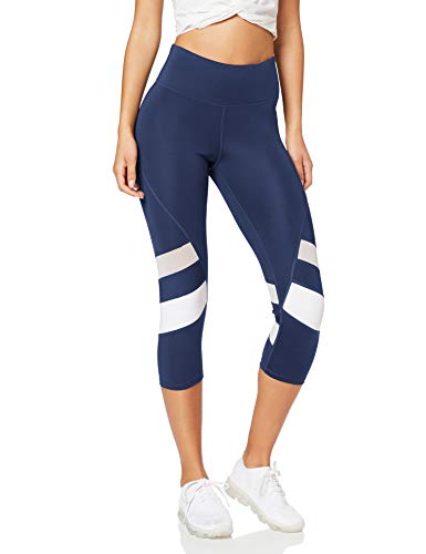Amazon Brand - AURIQUE Women's Capri Panelled Sports Leggings, Blue (Navy/White), 10, Label:S