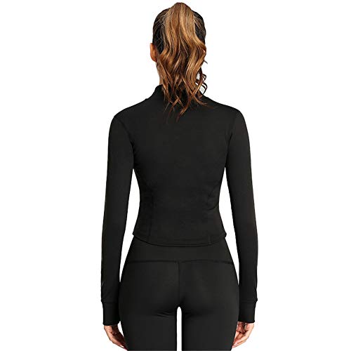 SotRong Women's Full Zip-up Sports Jacket Slim Fit Workout Running Gym Yoga  Crop Top Long Sleeve with Thumb Holes Black S