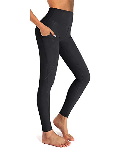 OUGES Womens High Waist Yoga Pants with Pockets Workout Running Gym Leggings(Black,S)