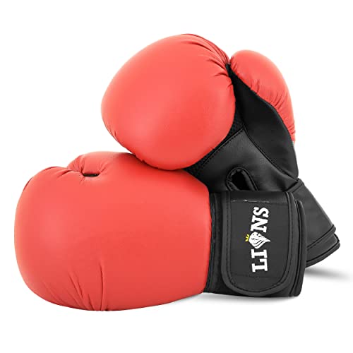 Lions Kids Curved Focus Pads and Gloves Set Hook and Jabs Junior Punch Bag Mitts Boxing MMA Kick Training (Red Stone, 10oz)