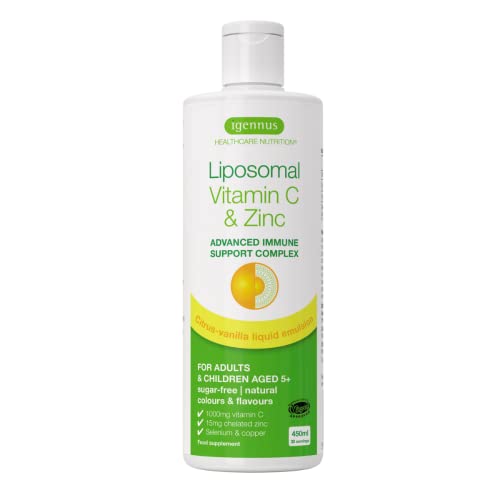 Liposomal Vitamin C 1000mg & Zinc - Liquid Immune Support, with Copper & Selenium, Adults & Kids, 30-90 Servings, by Igennus