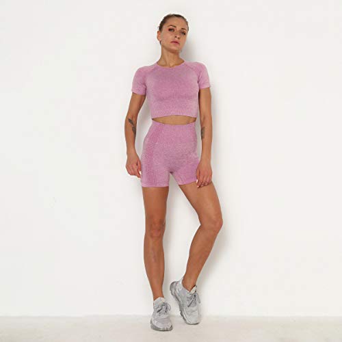 Famulily Womens Tracksuit 2 Piece Seamless Short Sleeve Top and High Waist Shorts Set Sportwear Yoga Gym Wear Set Burgund M