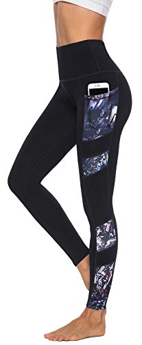 JOYSPELS Women's High Waisted Gym Leggings - Workout Running Sports Black Printed Leggings Yoga Pants Womens with Pockets - Black - L