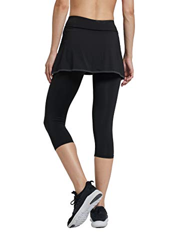 Westkun Women's Leggings with Skirt Sports Running Golf Tennis Capris Trousers Workout 3/4 Skirted Yoga Pants with Ball Pockets 2 in 1(Black,L)