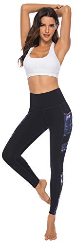 JOYSPELS Women's High Waisted Gym Leggings - Workout Running Sports Black Printed Leggings Yoga Pants Womens with Pockets - Black - L
