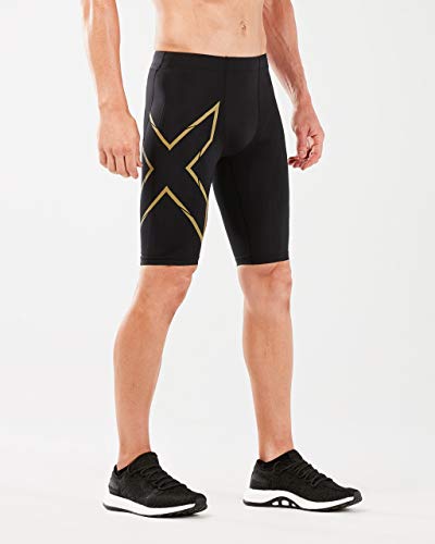 2XU Men's Light Speed Compression Shorts, Black/Gold Reflective, S
