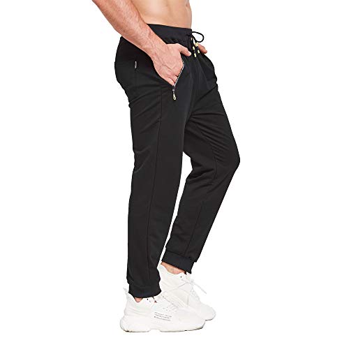 ZOXOZ Joggers Men Cuffed Cotton Tracksuit Bottoms Elasticated Hem Jogging with Zipped Pockets Trousers Sweatpants Gym Pants(Black L)