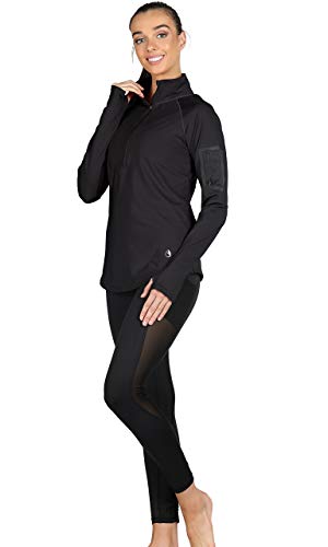 icyzone Women's Long Sleeve Running Yoga Top 1/2 Zip Sport Fitness Shirt with Thumb Holes (Black, S)