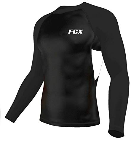 FCX Mens Compression Shirt Long Sleeve Skin Tight Base Layer Cycling Running Sports Wear Tights Shirt (Black White, X-Large)